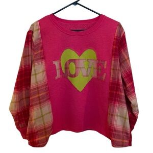 Bright Pink and Green Heart Love Remade Sweatshirt with Flannel Sleeves Size M
